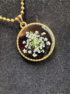 Gold Queens Anne Lace Resin Pendant Necklace - bronze metal color with 18” chain